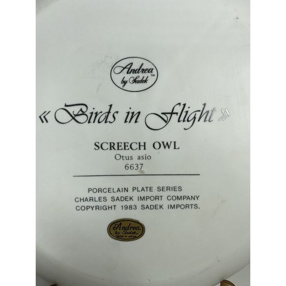 Andrea By Sadek Porcelain Plate Series Birds in Flight 1983 Screech Owl #6637 - Picture 3 of 9